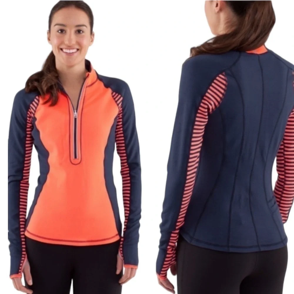 EUC Lululemon Run: U-Turn Pullover Light Flare Inkwell Classic Stripe Sz 6/8